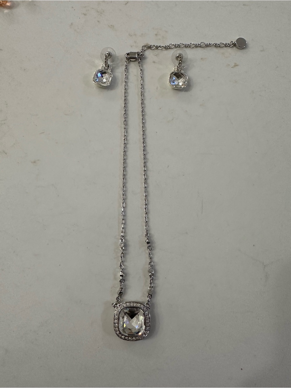 Betsey Johnson Silver Clear Crystal Stud Earrings & Necklace with Matching Drops